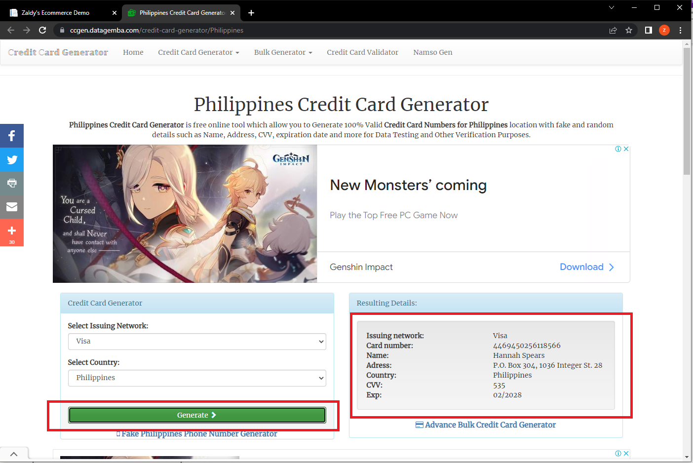 fake credit card info